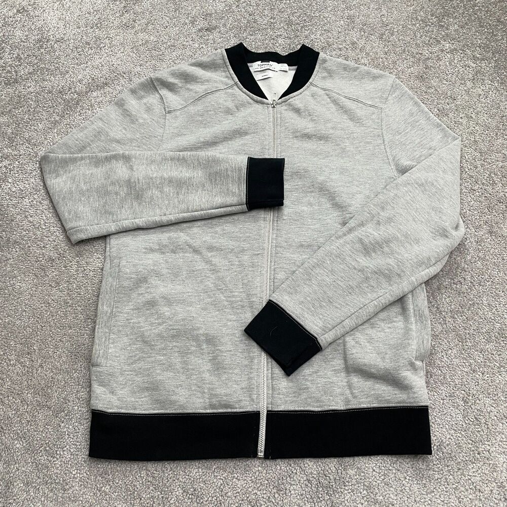 Topman Classic Cotton Bomber Jacket Mens Medium Gray Black Full Zip Sweatshirt